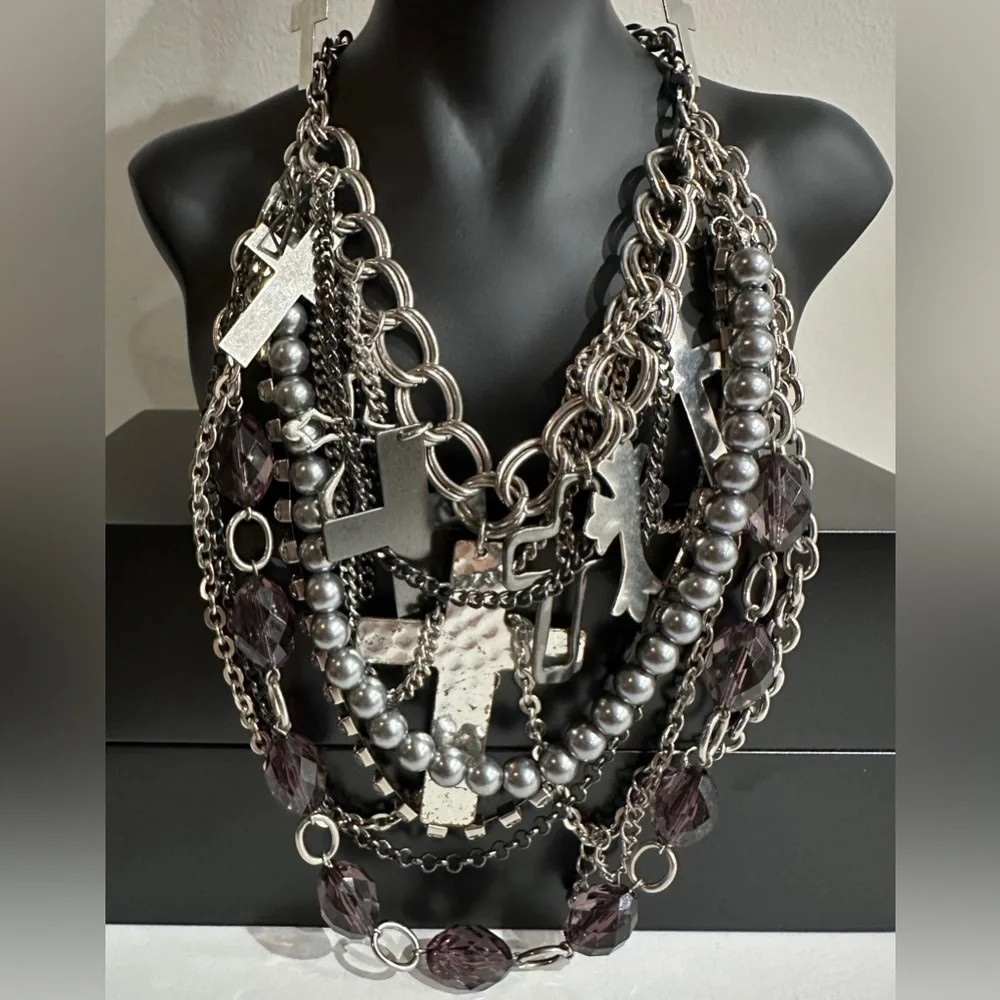 Bold Silver Statement Necklace with Cross Charms & Matching Earrings